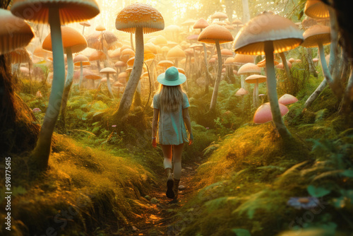 Woman walking on magical psychedelic mushrooms in forest. Generative AI. photo