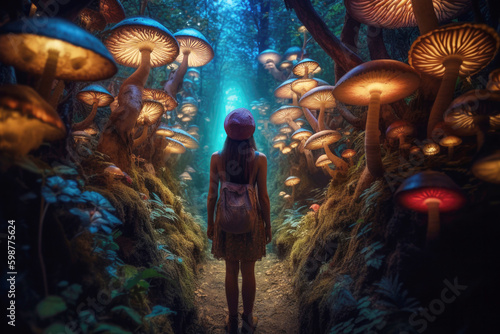 Woman walking in forest on magical psychedelic mushrooms, night. 