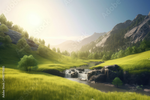 Beautiful Nature Lovely Countryside Place Meadow Travel Valley Waterfall with Mountain, Forest Trees, Sun Light Reflection and Green Moss 3D view of a Wallpaper, generative AI