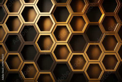 Luxurious Golden Hexagon Geometric Seamless Pattern Illustration Background. 3D Wallpaper for Interior Mural Painting and Wall Art Decor, generative AI