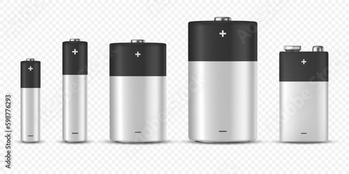 Vector 3d Realistic Black and White Alkaline Battery Icon Set Closeup Isolated. Diffrent Size - AAA, AA, C, D, PP3. Design Template for Branding, Mockup. Vector Illustration