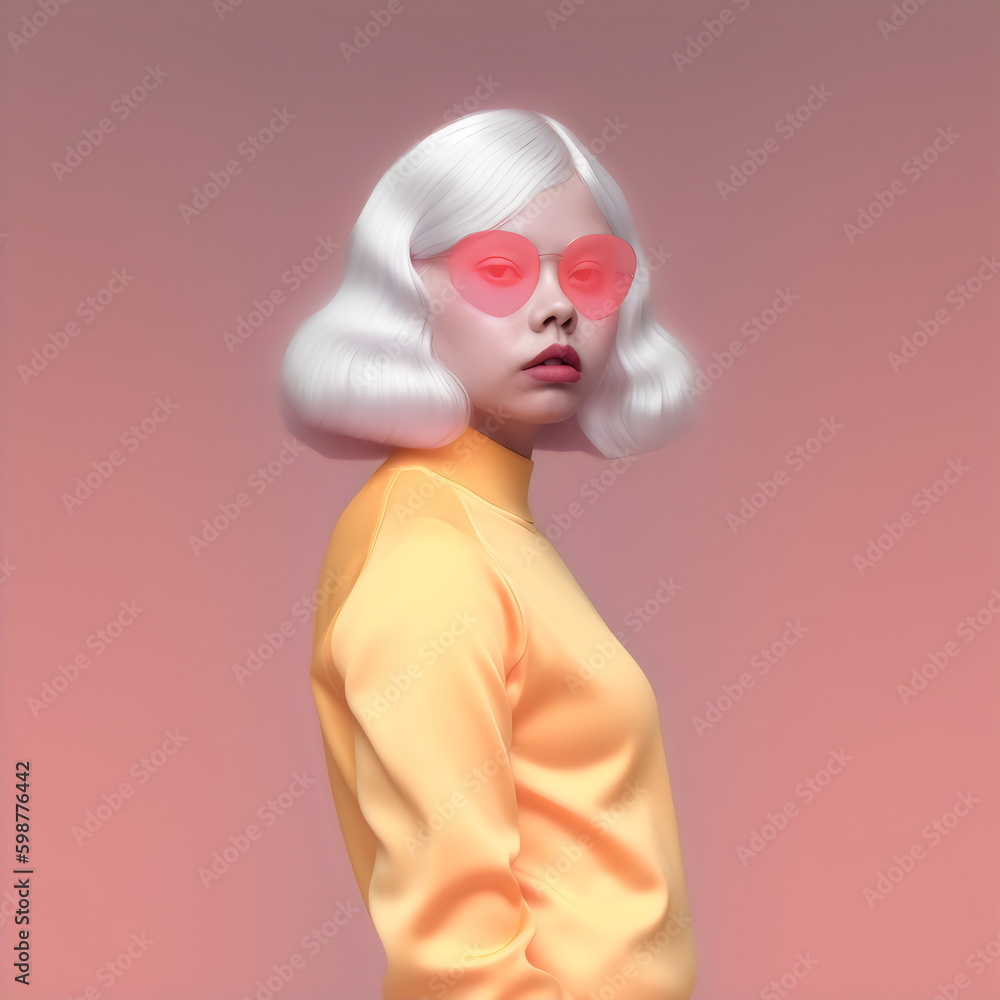 trendy young creative woman with yellow top sunglasses and siver hair, stylised illustration isolated on pink light background, made with generative ai trendy young creative woman with yellow top sunglasses and siver hair, stylised illustration isolated on pink light background, made with generative ai