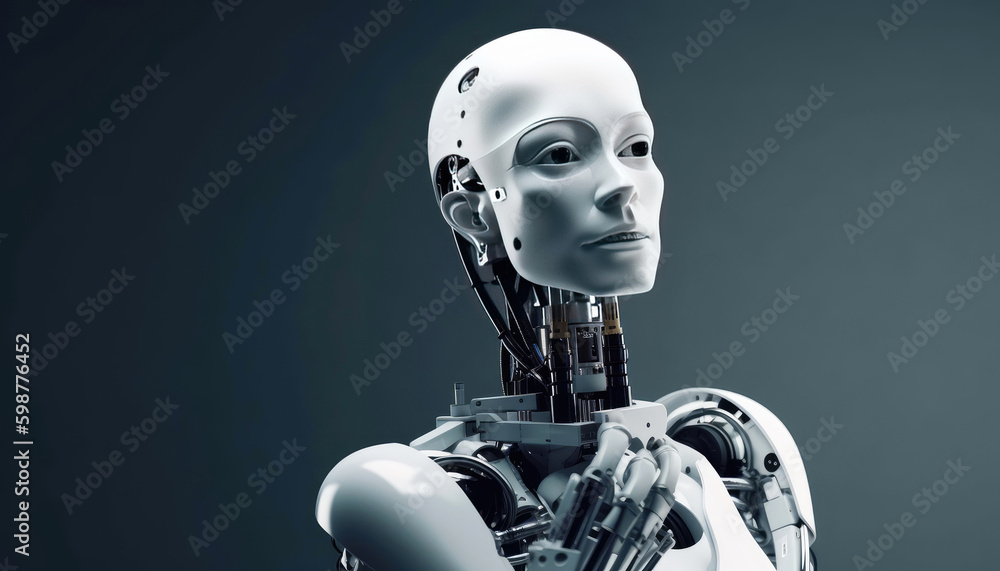 White robot humanoid portrait with copy space background. Generative AI White robot humanoid portrait with copy space background. Generative AI