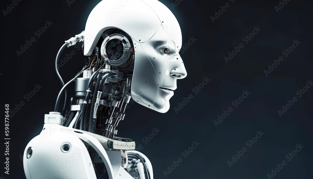 White robot humanoid portrait with copy space background. Generative AI White robot humanoid portrait with copy space background. Generative AI