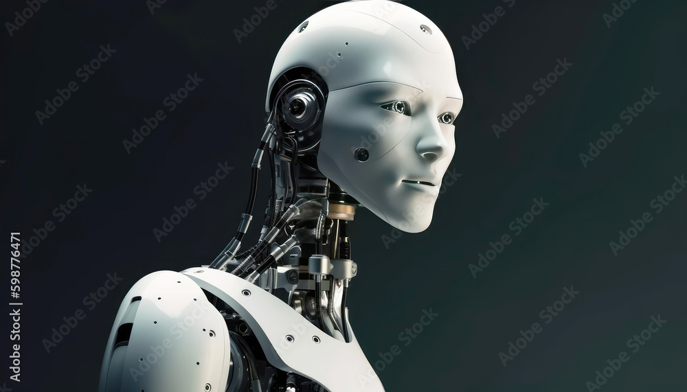 White robot humanoid portrait with copy space background. Generative AI White robot humanoid portrait with copy space background. Generative AI