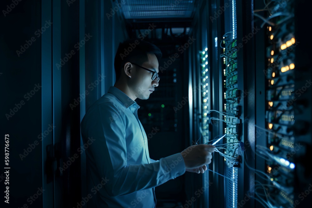 AI Generated, Machine Learning, Engineer manager connecting data center on global networking in server room of storage system, Cloud operations. - obrazy, fototapety, plakaty 