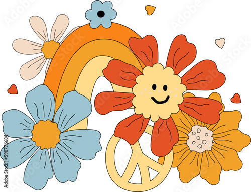 Design element with daisy flowers, rainbow and peace sign. Groovy vibes. Vector illustration. Flat style design element for poster, banner, party invitation.