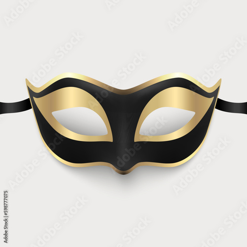 Vector 3d Realistic Black and Golden Carnival Face Mask Icon CLoseup Isolated. Mask for Party, Masquerade Closeup. Design Template of Mask. Carnival, Party, Secret, Hero, Stranger Concept