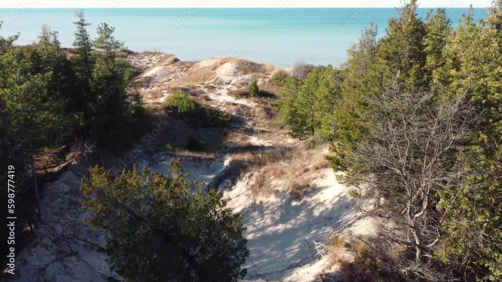 Aerial view of flying out of a forest and coming to the edge of an island. Aerial view of flying out of a forest and coming to the edge of an island.