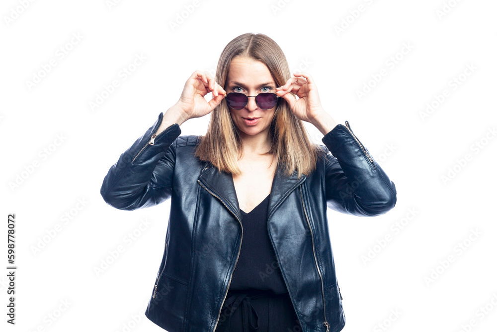Woman in black leather jacket and sunglasses. Style, fashion and beauty. Isolated on white background. Woman in black leather jacket and sunglasses. Style, fashion and beauty. Isolated on white background.