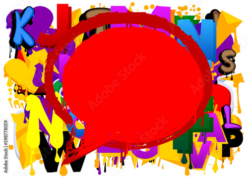 Red Speech Bubble Graffiti with abstract elements Background. Urban painting style backdrop. Discussion symbol in modern dirty street art decoration.