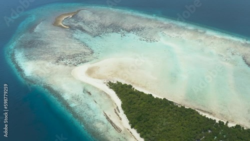 Top view of island Mataking with coral reef and atoll. Tun Sakaran Marine Park. Borneo, Sabah, Malaysia. Generative AI photo