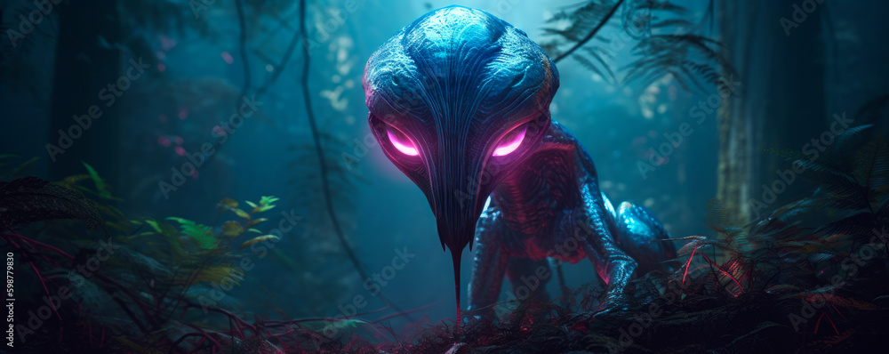 Scary alien creature in Proxima Centauri. Generative AI Scary alien creature in Proxima Centauri. Generative AI