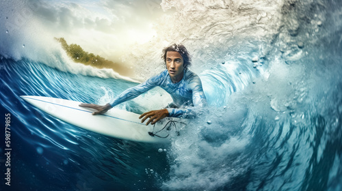 Minimalistic illustration World-Class Professional Surfer Riding Giant Tidal Wave in Blue Ocean, generative AI