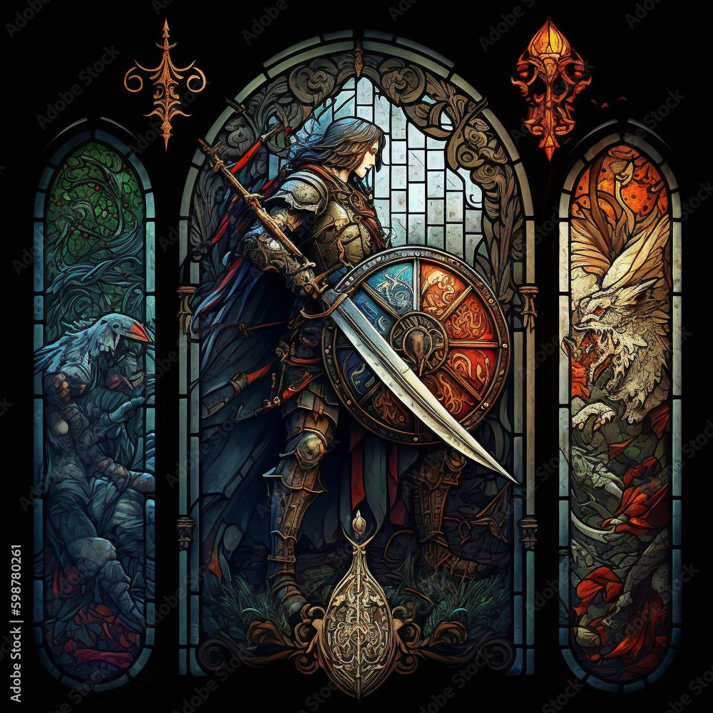 stained glass of a fantasy battle epic created with Generative AI technology