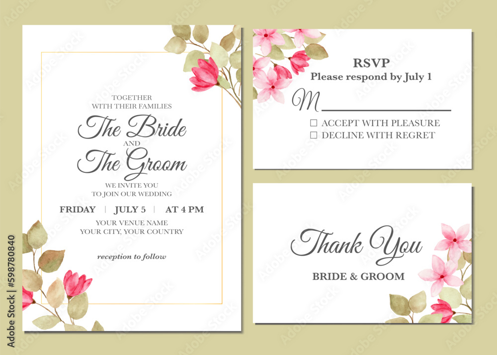 Manual painted of pink flower watercolor as wedding invitation 
