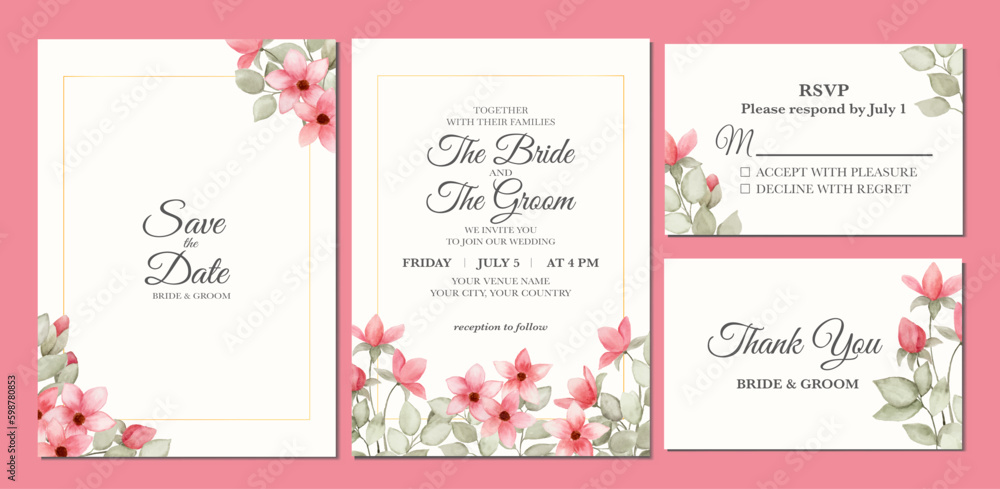 Manual painted of pink flower watercolor as wedding invitation 
