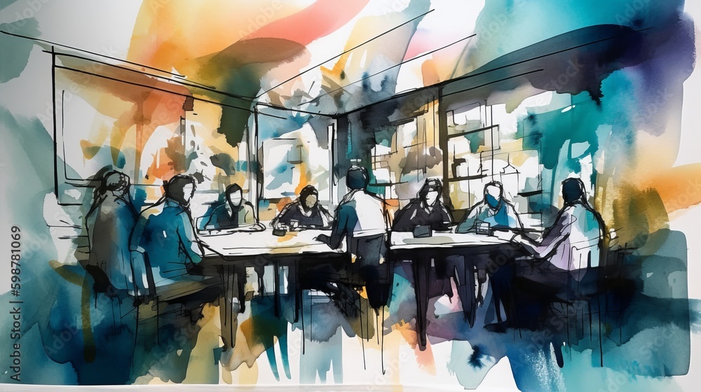 Collaboration in a modern conference room, watercolor, generative ai