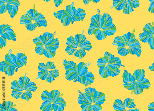 Hibiscus seamless illustration pattern, light blue, background image of tropical, Hawaii, tropical image, light yellow background | Apparel, textile