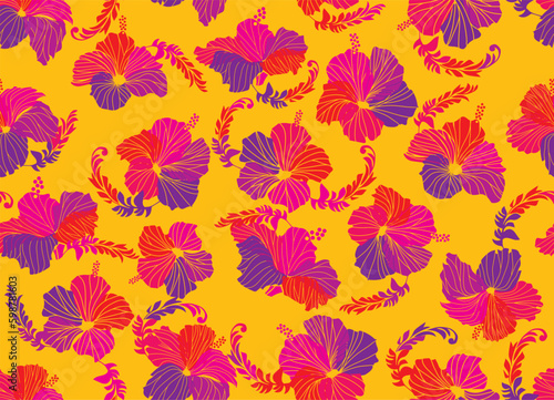 Seamless hibiscus illustration pattern,light blue, background image of southern country and hawaii and tropical image | apparel, textile