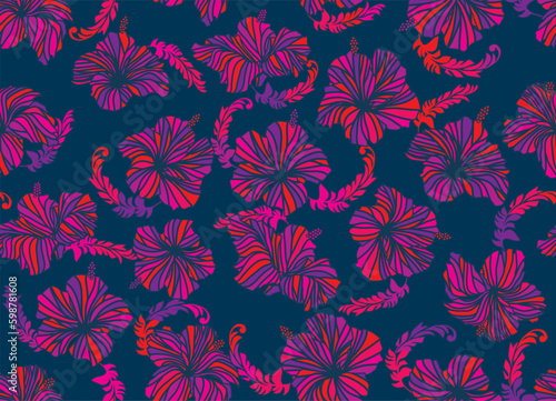 Seamless hibiscus illustration pattern, pink, background image of southern country and hawaii and tropical image, blue background | Apparel, textile