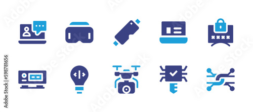 Digital technology icon set. Duotone color. Vector illustration. Containing laptop, vr, vr glasses, password, digital clock, idea, camera drone, digital key, digital disruption. © Huticon