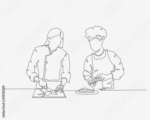 Obraz na plátně One line continuous design of two brothers cooking together