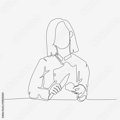 Continuous one line design of young woman peeling onions. Cute cooking art character. Minimalist style vector illustration on white background.