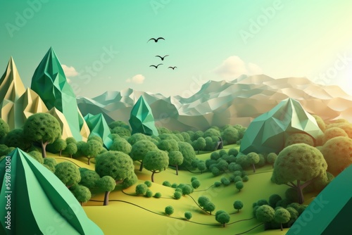 3d illustration of green mountains with trees and birds in the sky, generative Ai