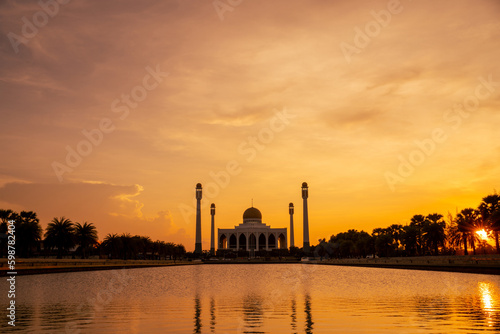 The landscape of beautiful sunset sky at Central Mosque, Songkhla province, Thailand, letter translated The Central Mosque Songkhla.
