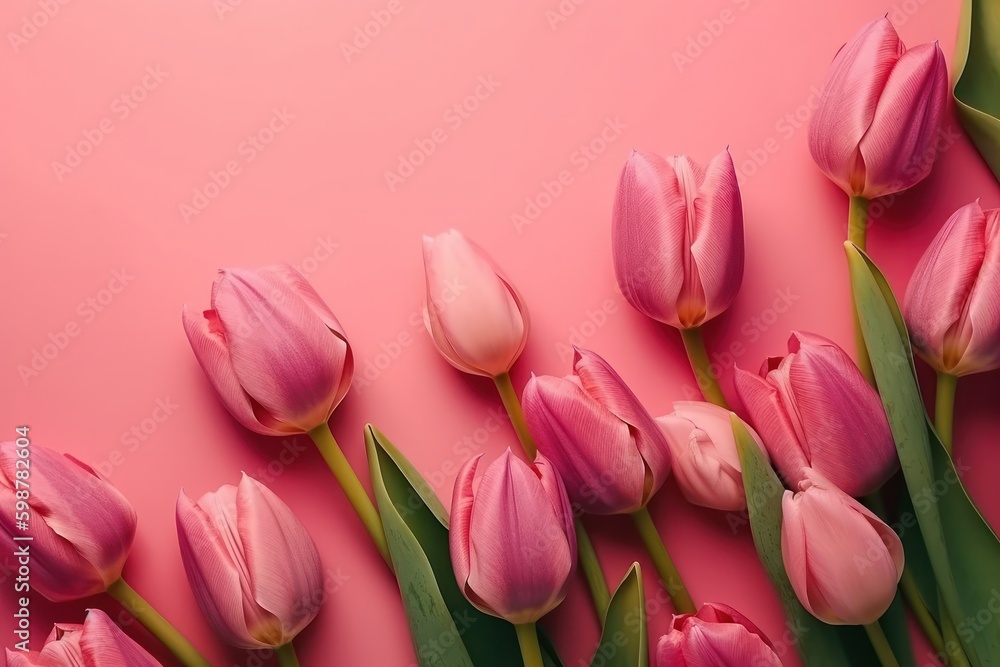 Top view of pink tulips on pink background with copy space, mothers day concept, generative Ai Top view of pink tulips on pink background with copy space, mothers day concept, generative Ai