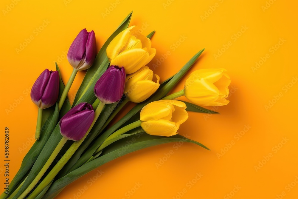 Fototapeta premium Bouquet of yellow and purple tulips on a yellow background, top view, generative Ai