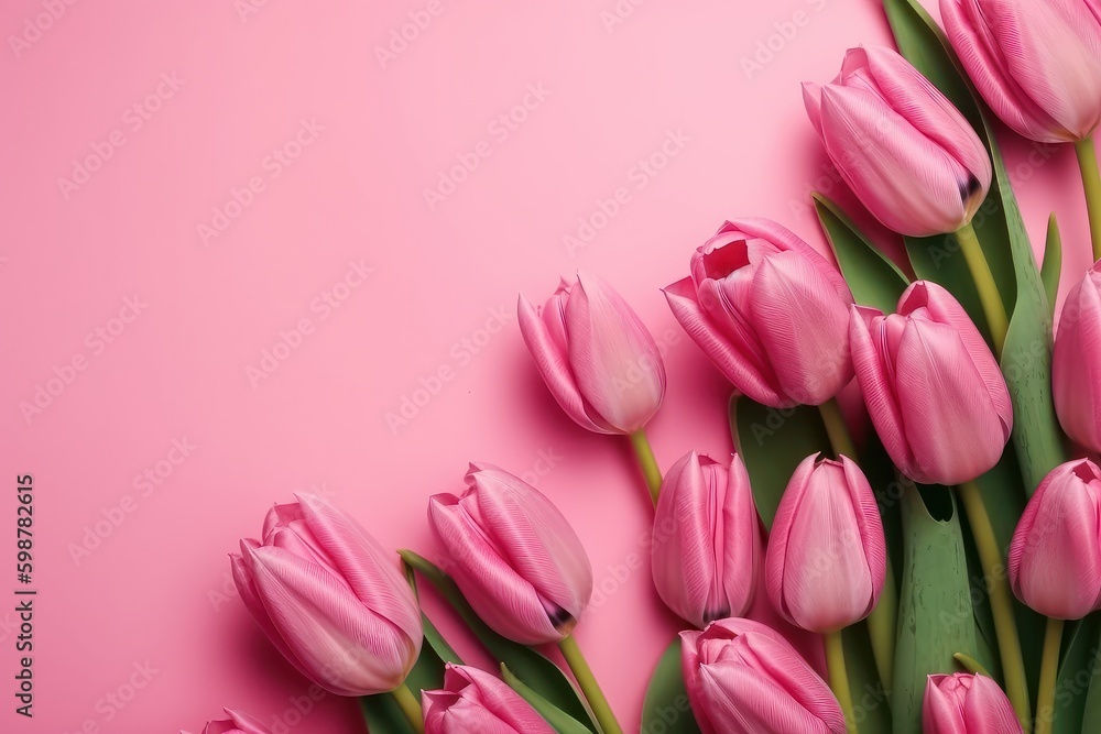 Bouquet of pink tulips on a pink background, top view, generative Ai