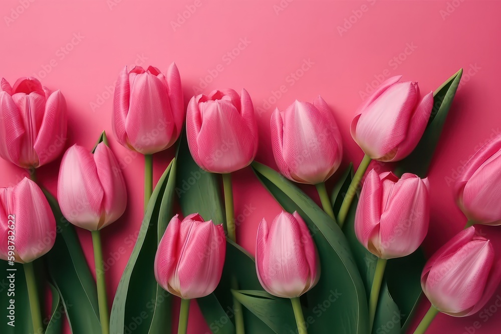 Beautiful tulips on color background, top view. Space for text, generative Ai Beautiful tulips on color background, top view. Space for text, generative Ai