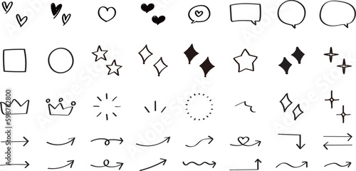 イラスト素材：かわいい手書きのあしらいセット　ベクター　黒　矢印　ふきだし