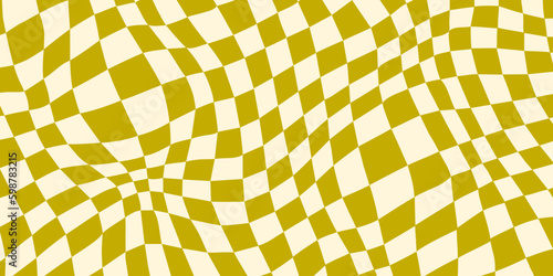 Distorted checkerboard background. Green retro psychedelic checkered wallpaper. Wavy groovy chessboard surface. Trippy twisted geometric pattern. Abstract vector backdrop