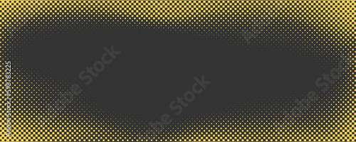 Yellow square halftone on dark background. Retro comic gradient background. Square pixilated dot cartoon texture. Pop art faded gradient pattern. Vector illustration.