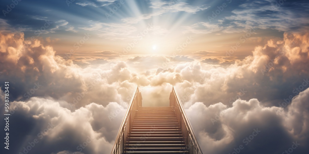 a stairway leading to the top of a cloud filled sky