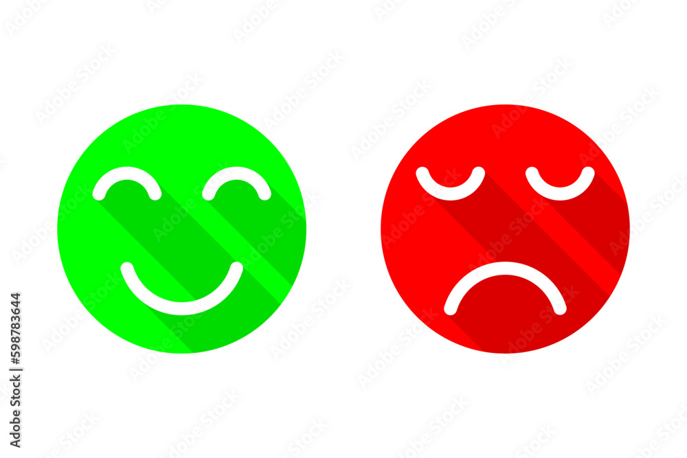Yes - NO or Set of smile emoticons flat vector icon. Happy and unhappy smileys. Green and red color with long shadow Yes - NO or Set of smile emoticons flat vector icon. Happy and unhappy smileys. Green and red color with long shadow