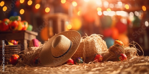 Straw hat festa junina background, Brazilian party and Latin american festival. Generative AI