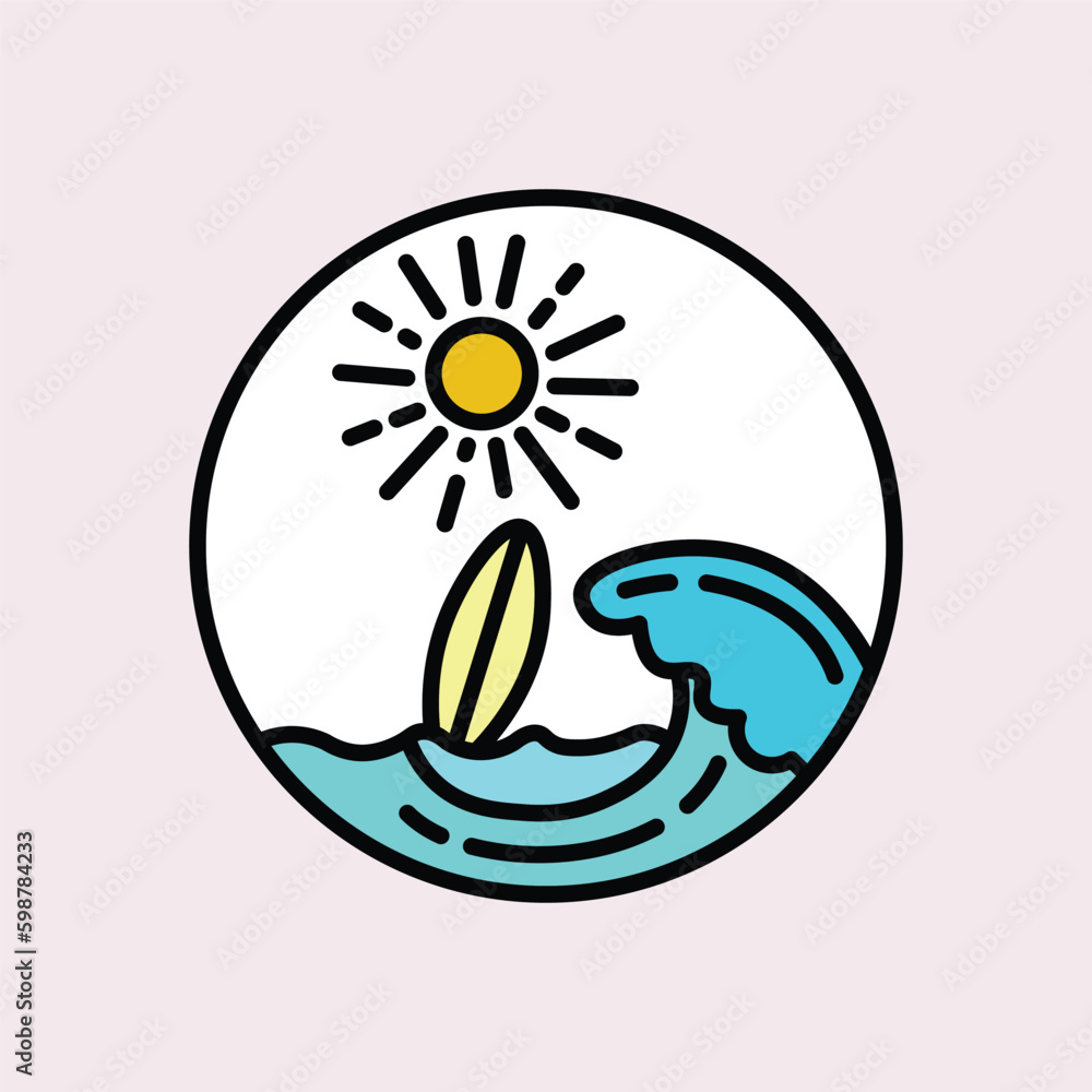 Vector flat illustration surfing theme badge design. For t-shirt prints posters stickers and other uses. Vector flat illustration surfing theme badge design. For t-shirt prints posters stickers and other uses.