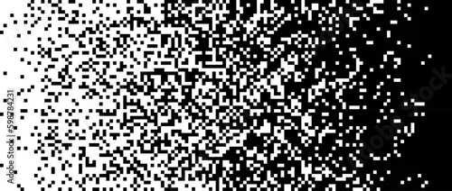 Pixelated halftone gradient noise. Fading pixel texture. Dissolving black and white wallpaper. Vector horizontal background 