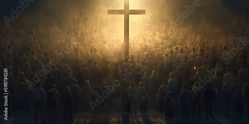 Photographie a group of people standing in front of a cross