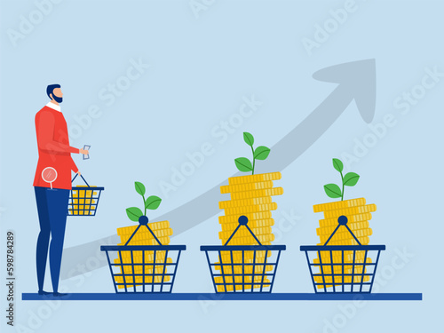 Risk Management Strategy ,Businessman manage investment in basket for risk   Finance Balance with buying investment increases in financial markets and mutual funds vector illustrator.