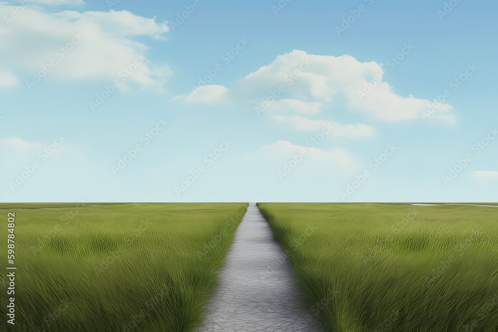 The landscape of grass fields and blue sky road leading off into the distance. Generative Ai. The landscape of grass fields and blue sky road leading off into the distance. Generative Ai.
