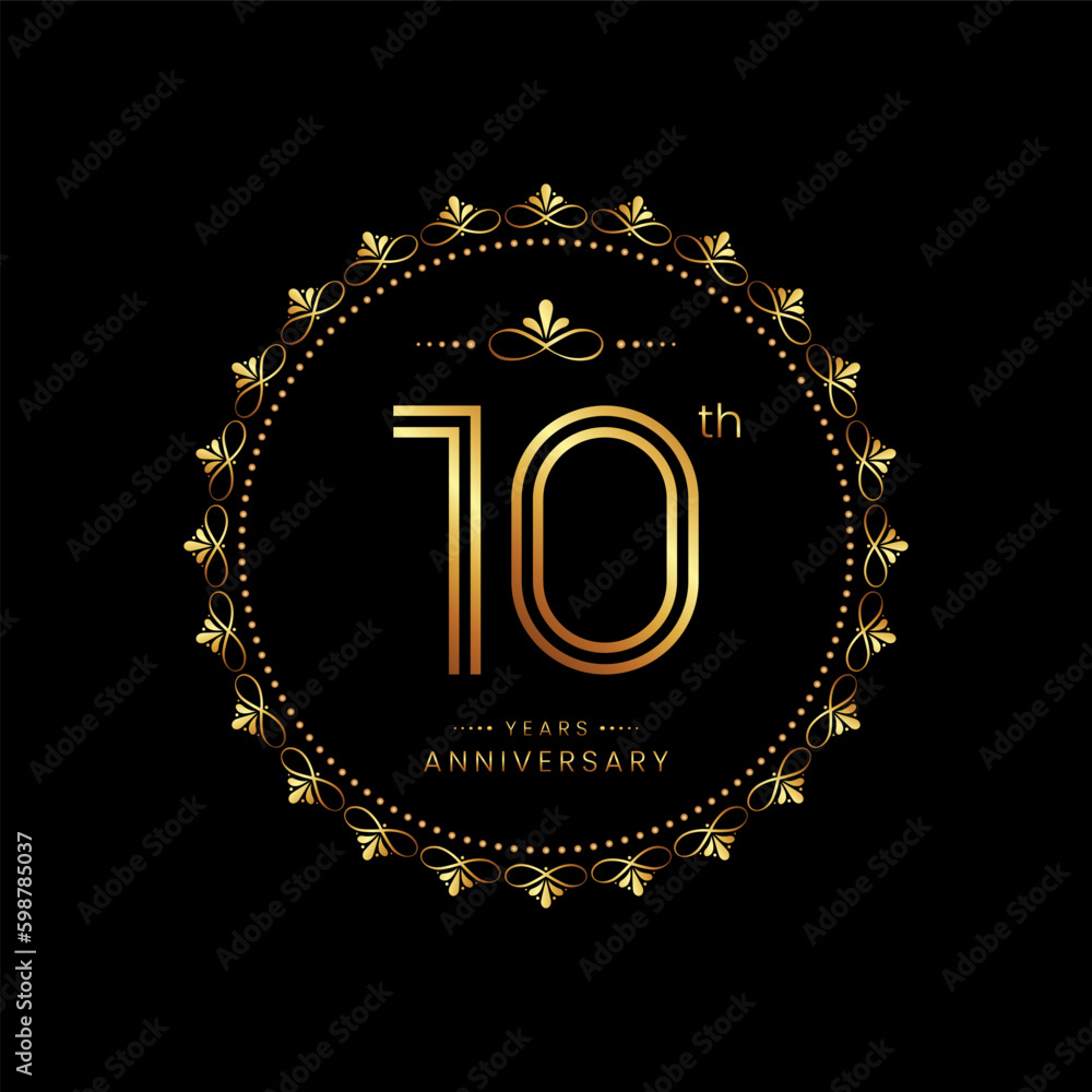 Fototapeta premium 10th anniversary logo with golden number for celebration event, invitation, wedding, greeting card, banner, poster, flyer. Ornament vector design