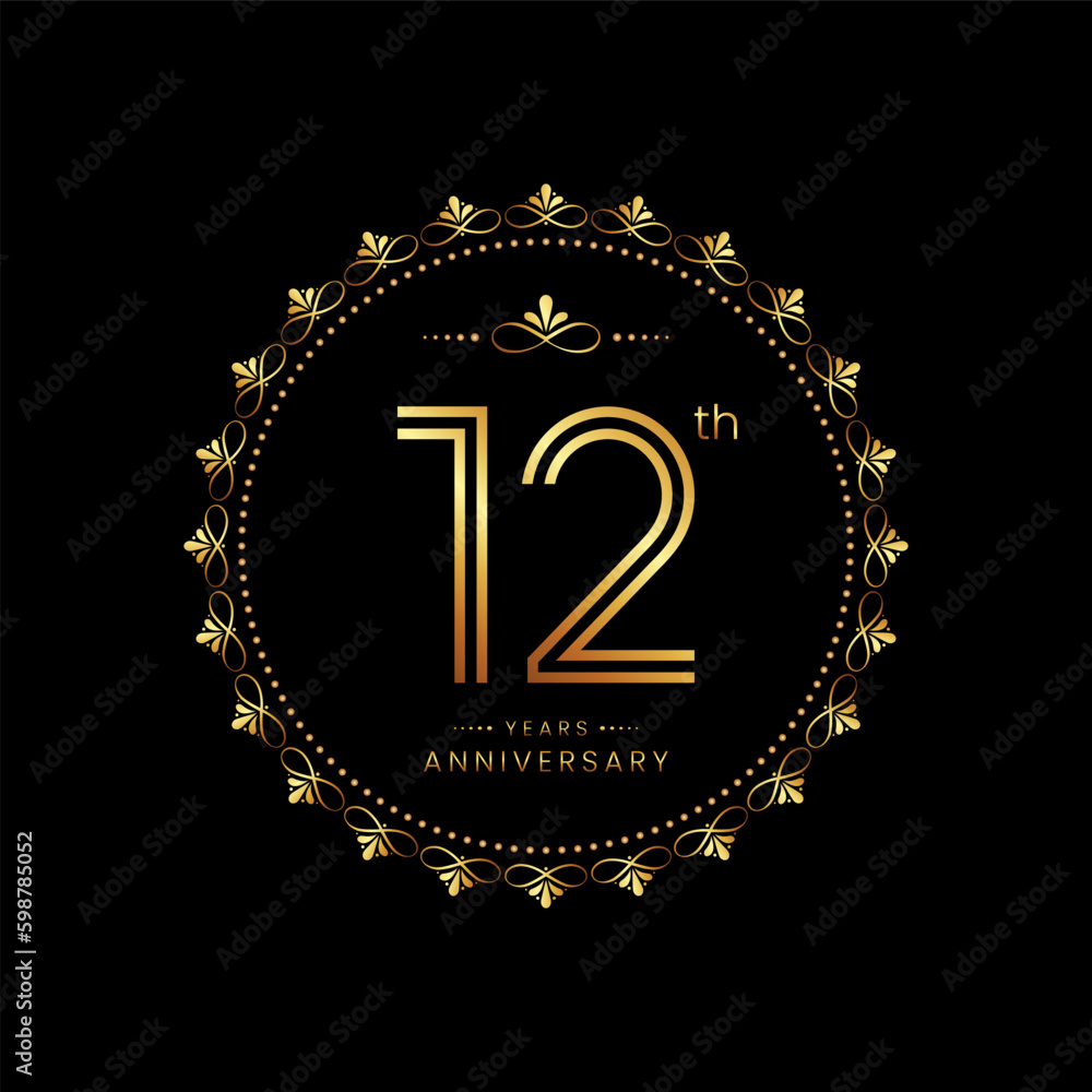 Naklejka premium 12th anniversary logo with golden number for celebration event, invitation, wedding, greeting card, banner, poster, flyer. Ornament vector design