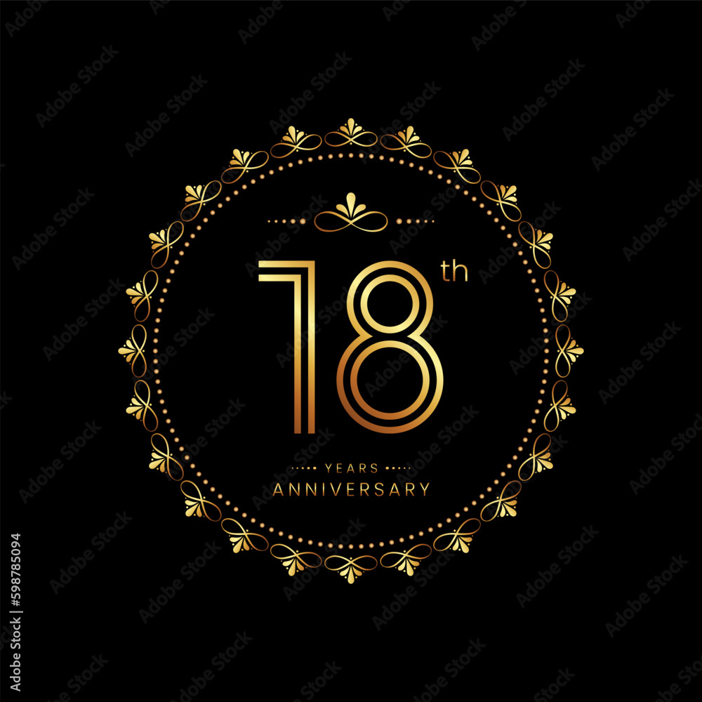 Fototapeta premium 18th anniversary logo with golden number for celebration event, invitation, wedding, greeting card, banner, poster, flyer. Ornament vector design