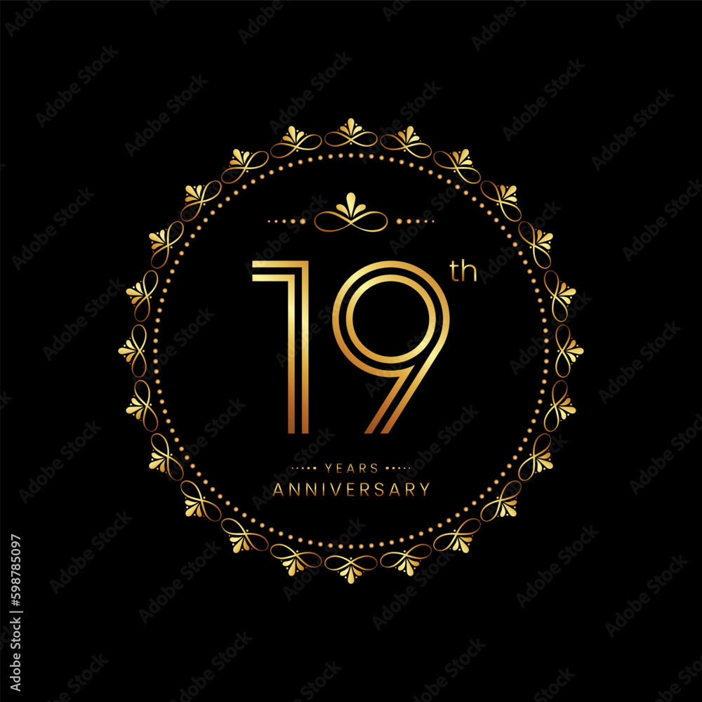 Fototapeta premium 19th anniversary logo with golden number for celebration event, invitation, wedding, greeting card, banner, poster, flyer. Ornament vector design