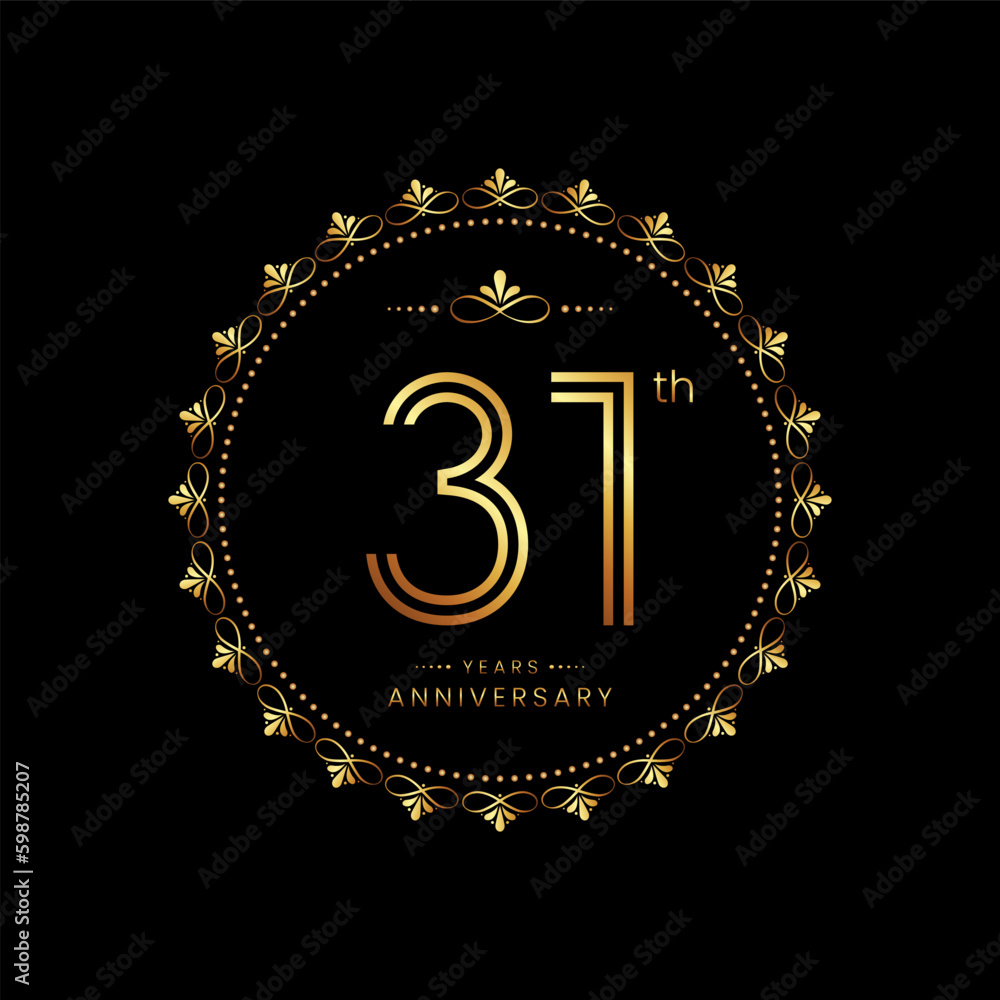 Naklejka premium 31th anniversary logo with golden number for celebration event, invitation, wedding, greeting card, banner, poster, flyer. Ornament vector design